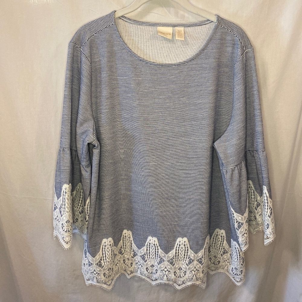 Chico's Navy & White Striped Lace-Trim Tunic
